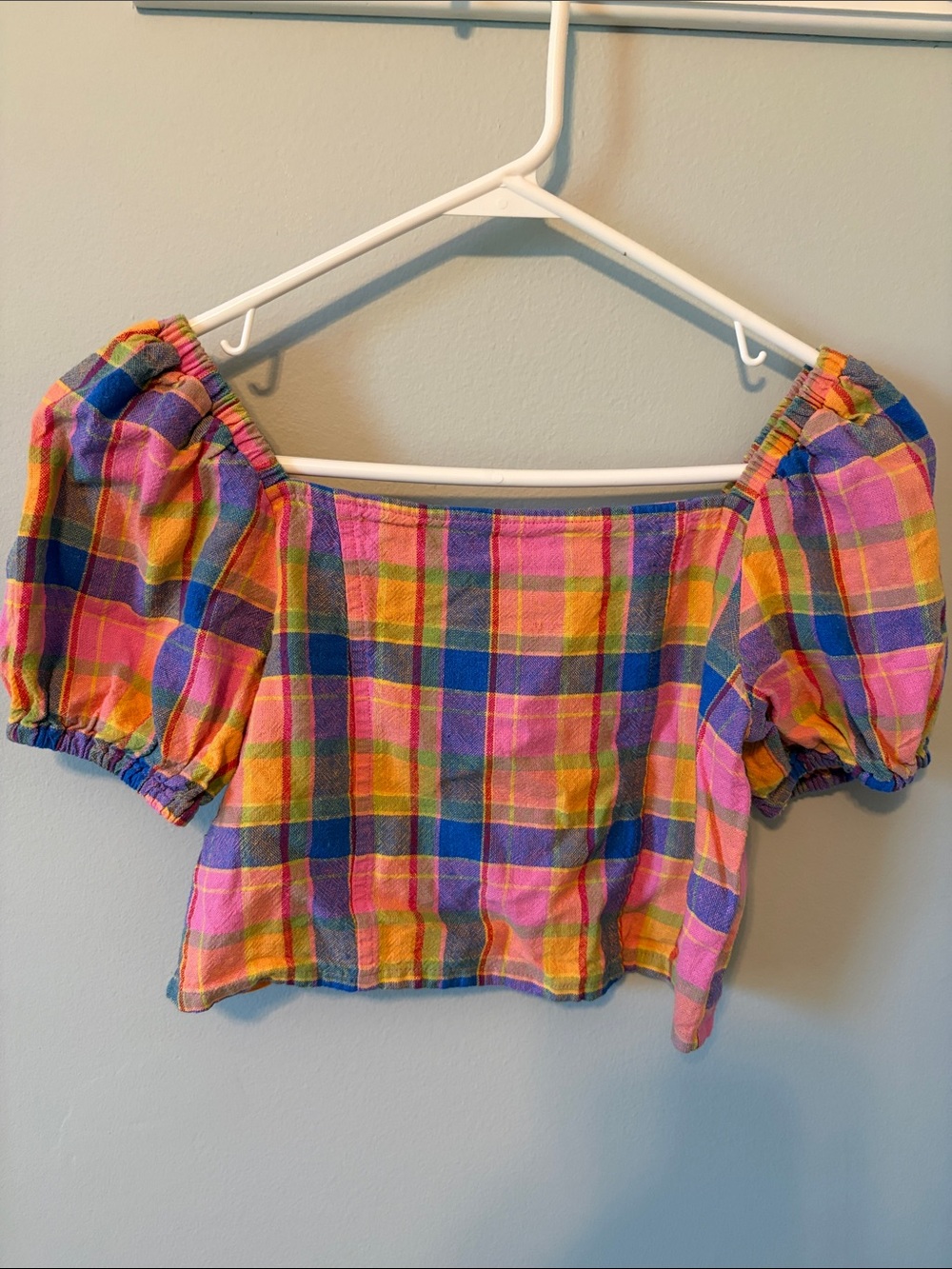 Girls Plaid Puff-Sleeve Crop Top - Pink Multi